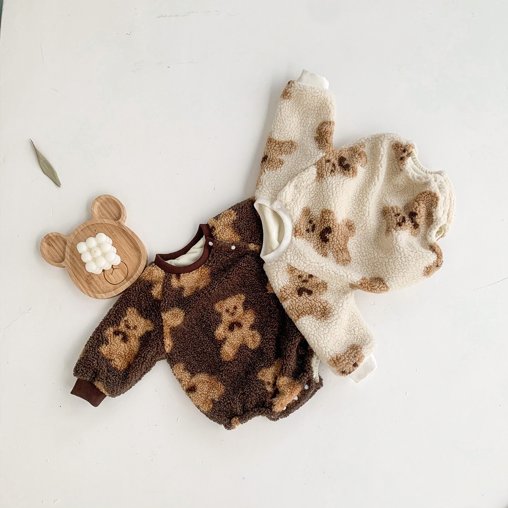 Áo liền quần tay dài in hình gấu hoạt hình dễ thương thời trang cho bé trai bé gái 0-24 tháng tuổi