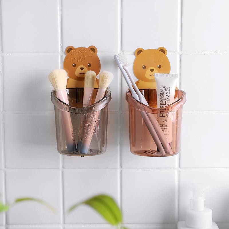 Cốc Gấu Dán Tường Để Bàn Chải Đánh Răng Hình Gấu , Có Lỗ Thoát Nước Tiện Lợi