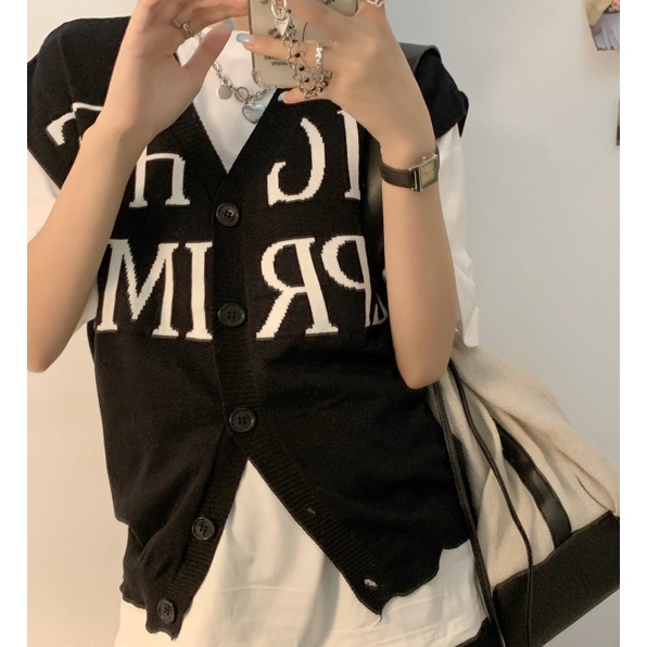 Porozi  Áo Crop Top dệt kim không tay cổ chữ V dáng rộng in chữ phong cách Hàn Quốc