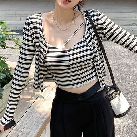 COZOK Bộ Áo Dài Tay Dáng Rộng Kẻ Sọc + Áo Khoác Sát Nách Quyến Rũ Cho Nữ