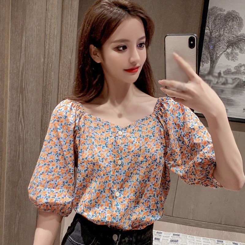 Áo voan kiểu tay ngắn thiết kế trễ vai phong cách cổ điển dành cho nữ