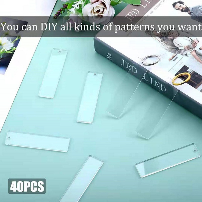 Set 40 Đĩa Nhựa Acrylic Trong Suốt Hình Chữ Nhật Trơn Kèm 30 Đĩa Thay Thế Cho Móc Khóa