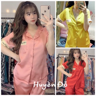 Bộ Lụa Satin Cộc Dài Chữ Viền