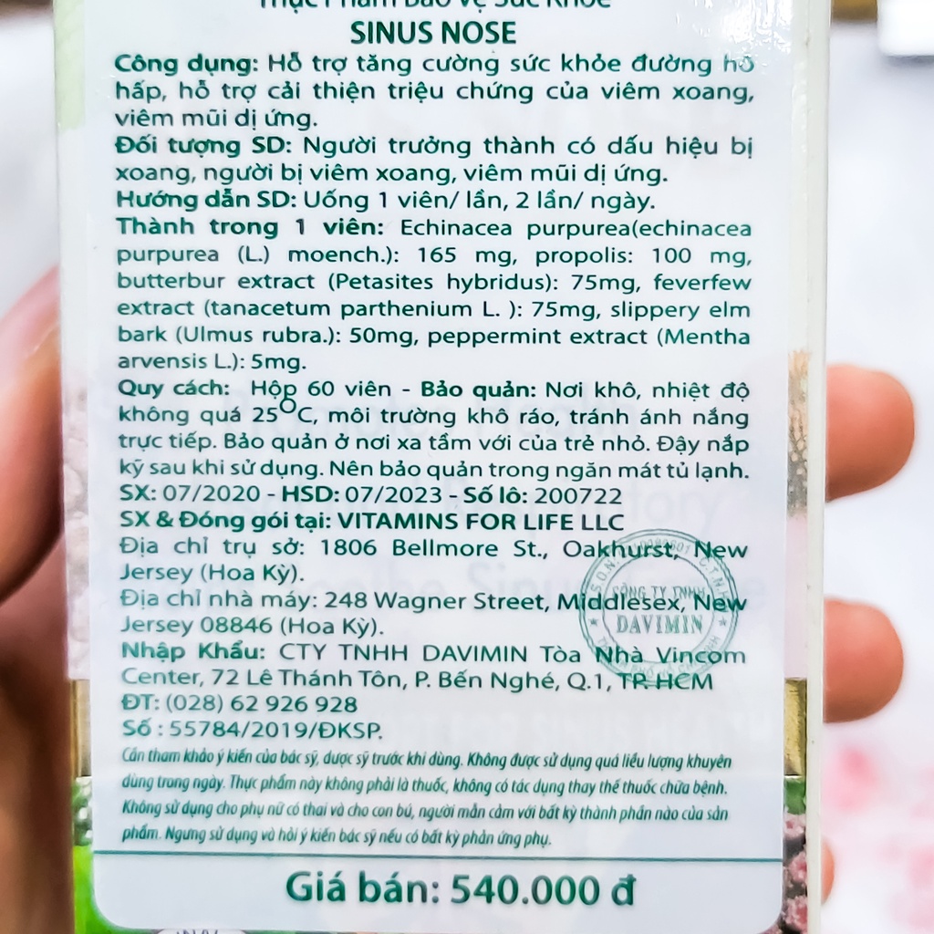 Viên uống tăng cường sức khoẻ đường hô hấp, giảm xoang đau mũi Sinus Nose hộp 30 viên