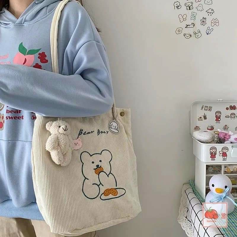 Túi vải tote chất liệu nhung tăm đeo vai hình gấu xinh xắn đi học đi chơi phong cách Hàn Quốc
