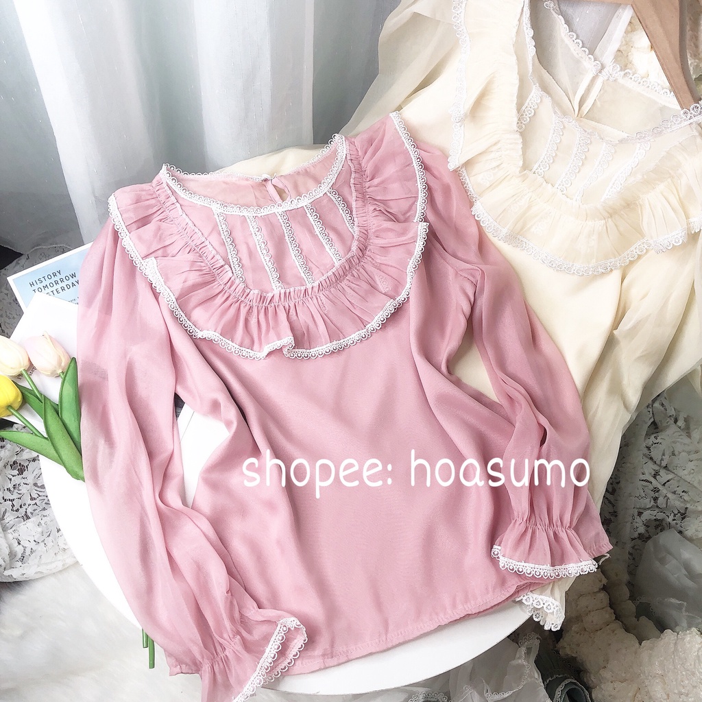 Áo sơ mi nữ kiểu tiêu thư chất voan cổ phối ren tầng xinh xắn mã A62-Ảnh thật tự chụp