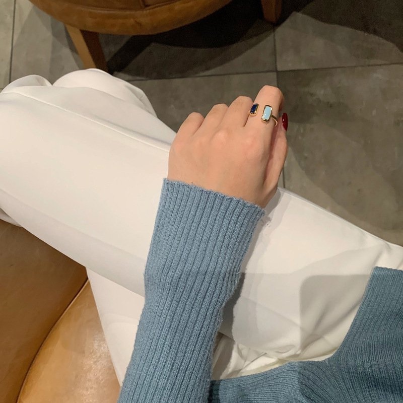 Nhẫn Hở Hình Vuông Màu Xanh Dương Dầu Cổ Điển Đơn Giản Thời Trang Kiểu Pháp Thích Hợp Làm Quà Tặng Cho Bạn Gái