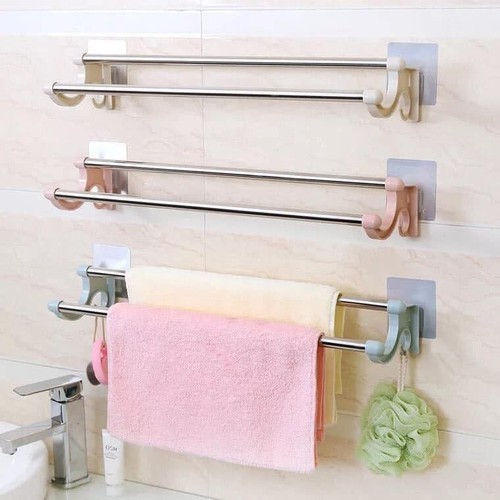 Giá treo khăn tắm, khăn mặt dán tường bằng inox có móc treo.