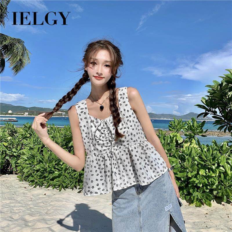 Áo Hai Dây Cổ Chữ V In Hoa Màu Xanh Lá Phong Cách Hàn Quốc Thời Trang Cho Nữ