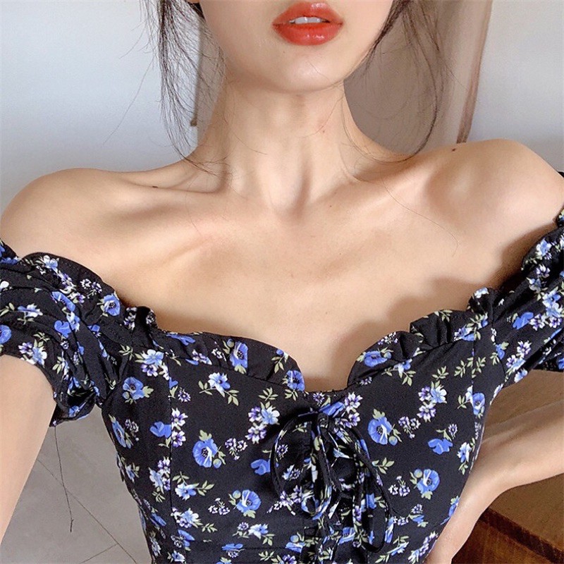 🌸 Đầm Hoa Nhí Tay Phồng Thắt Nơ Ngực Bo Chun Co Dãn Dễ Thương Thanh Lịch Style Hàn Quốc