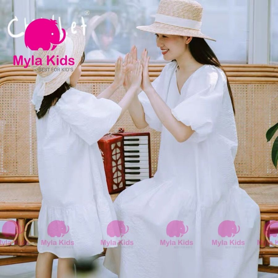 Váy đôi mẹ bé đuôi cá tay bồng màu trắng, đầm đôi mẹ bé màu trắng HRI cho bé từ 8-40kg Mylakids