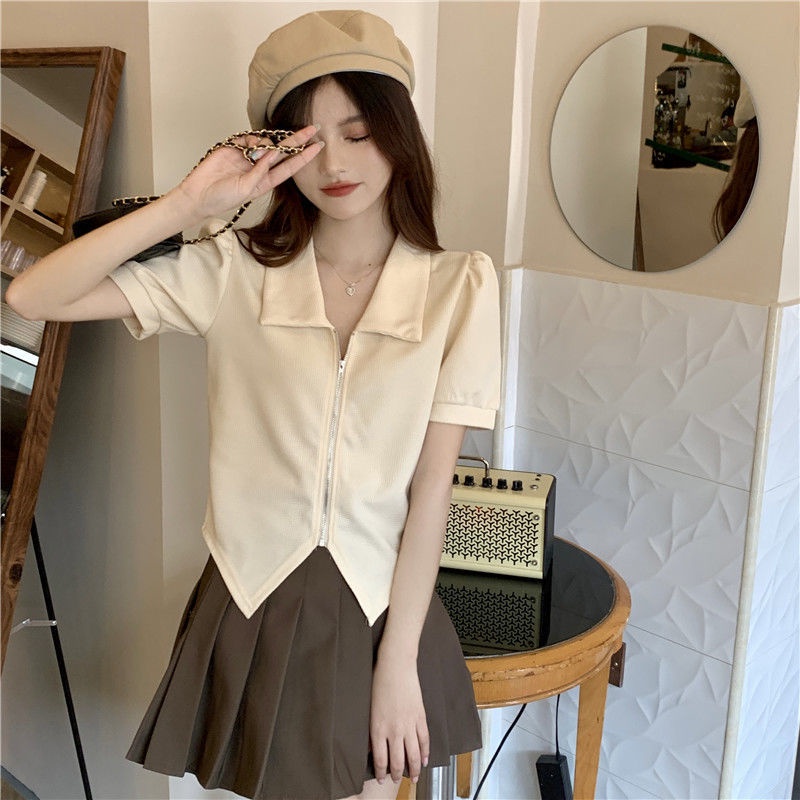 Set Áo Khoác Có Khóa Kéo Và Chân Váy Xếp Ly Lưng Cao Thời Trang Cho Nữ