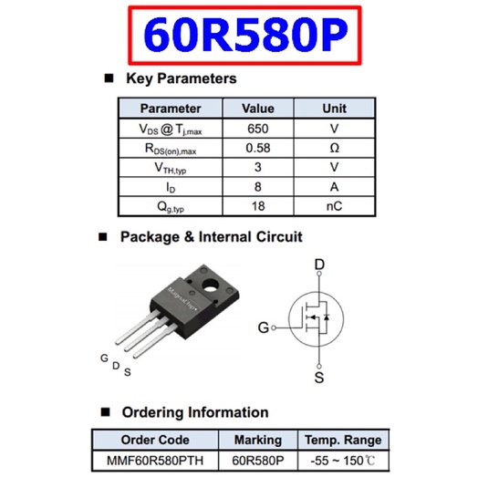 MOSFET N-CH 8A 650V TO220F 60R580QS MagnaChip chính hãng