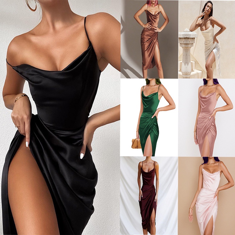 Đầm Dự Tiệc Vải Satin Xẻ Tà Cao Thiết Kế Quyến Rũ Cho Nữ