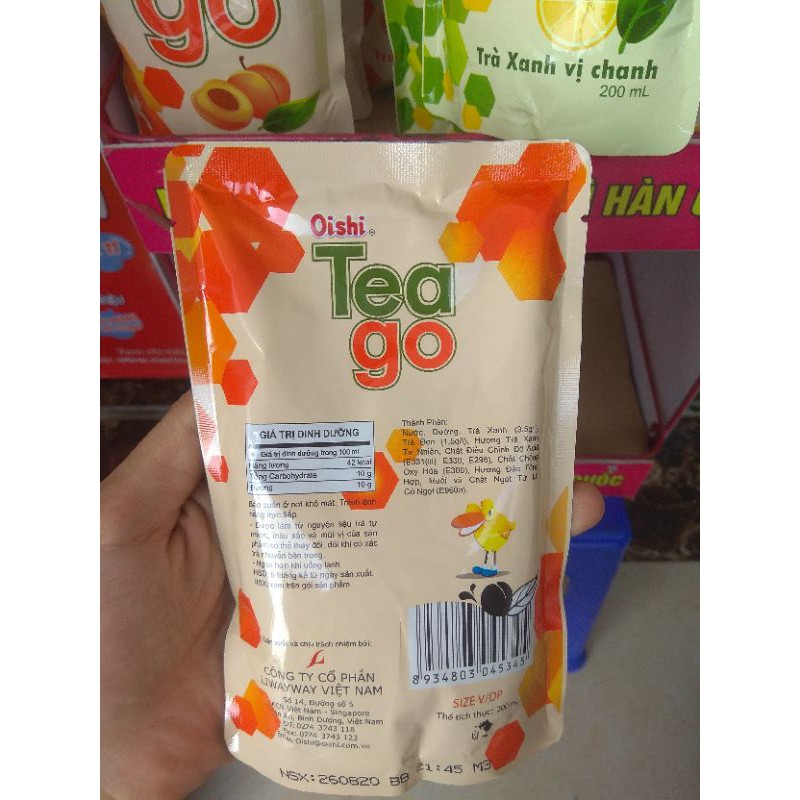 Trà xanh Tea go Oishi vị đào, vị chanh, bưởi, tăng lực gói 200ml