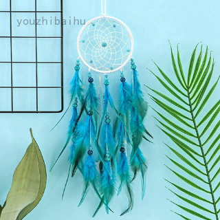 Dreamcatcher Đính Lông Vũ Màu Xanh Dương Handmade Có Đèn led Trang Trí Phòng Ngủ