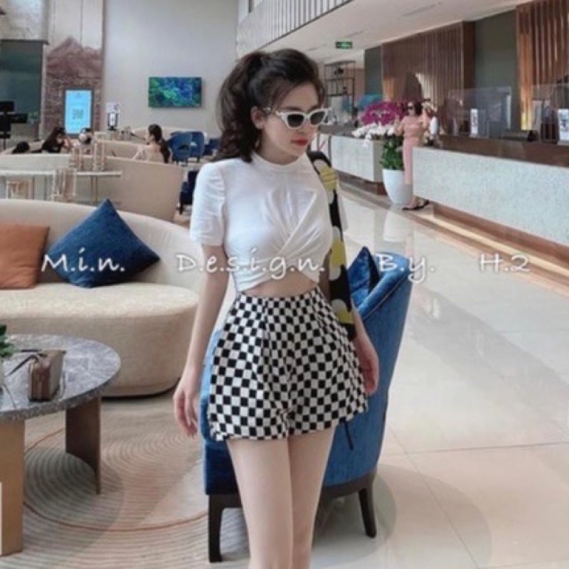 Set áo pull xoắn eo phối quần
