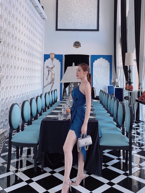 (Hàng thiết kế) Đầm dáng ôm màu xanh navy dự tiệc chất phi lụa lệch vai xẻ đùi nhún xoắn eo sang trọng (kèm ảnh thật) | BigBuy360 - bigbuy360.vn