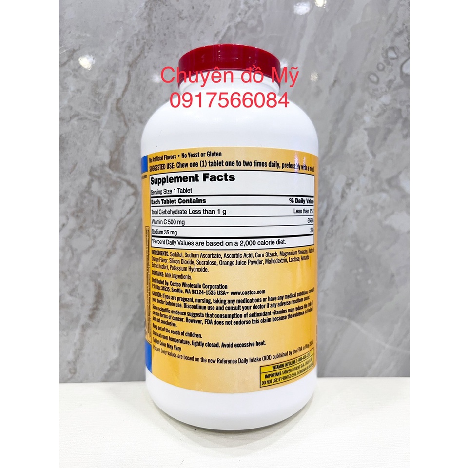 Date T1/2024_ Viên Nhai Vitamin C 500mg Kirkland Signature 500 Viên của Mỹ