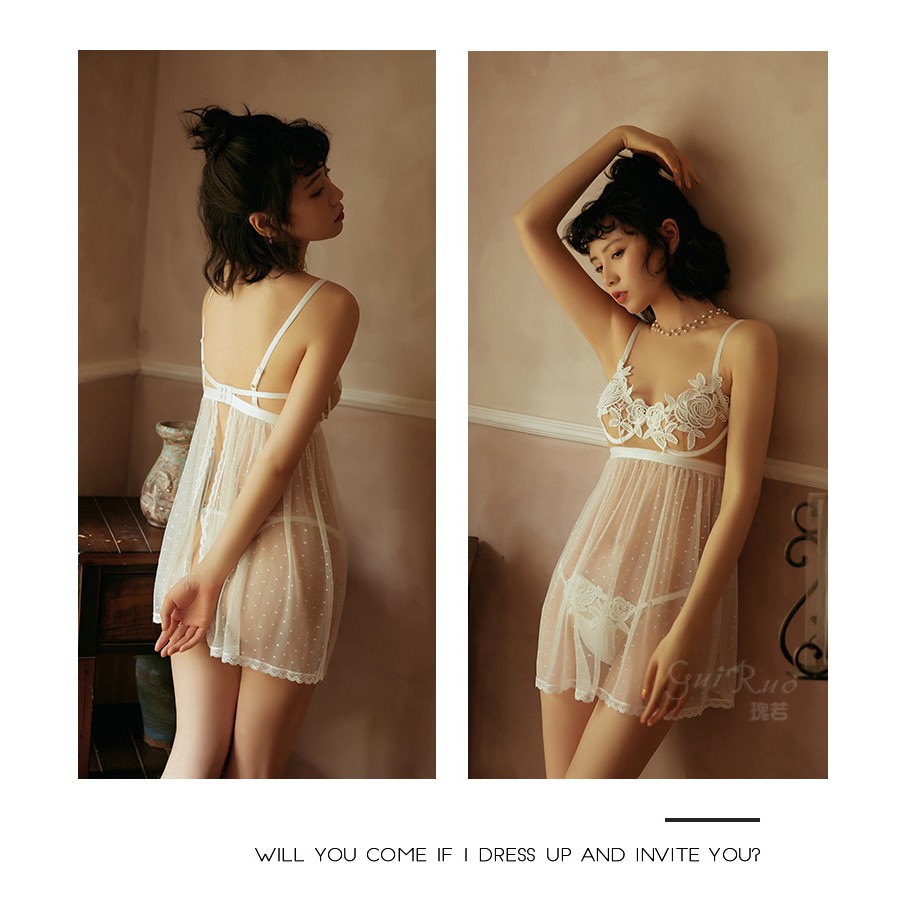 Váy ngủ ngực hoa ren hở lưng sexy, đầm ngủ xuyên thấu gợi cảm TK2345