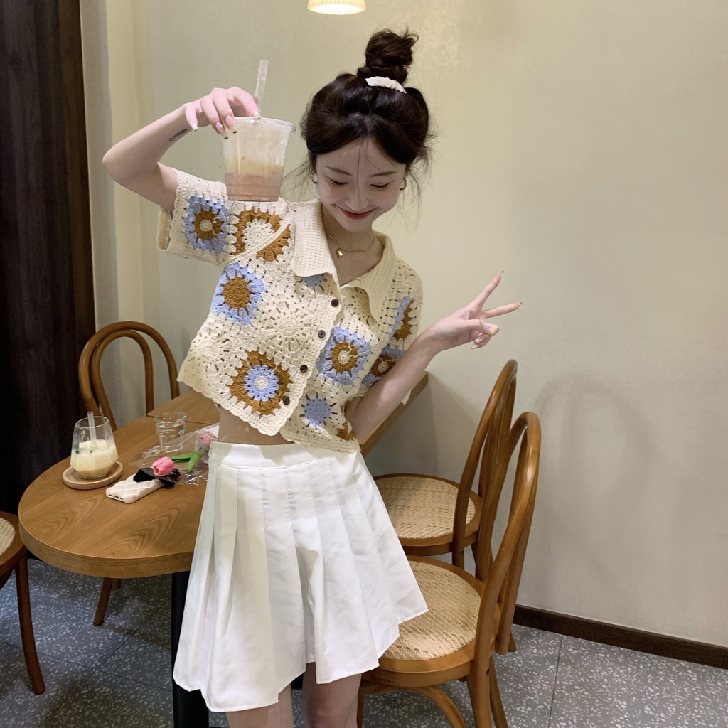 Áo Dệt Kim Ngắn Tay Phối Lỗ Thời Trang Cho Nữ