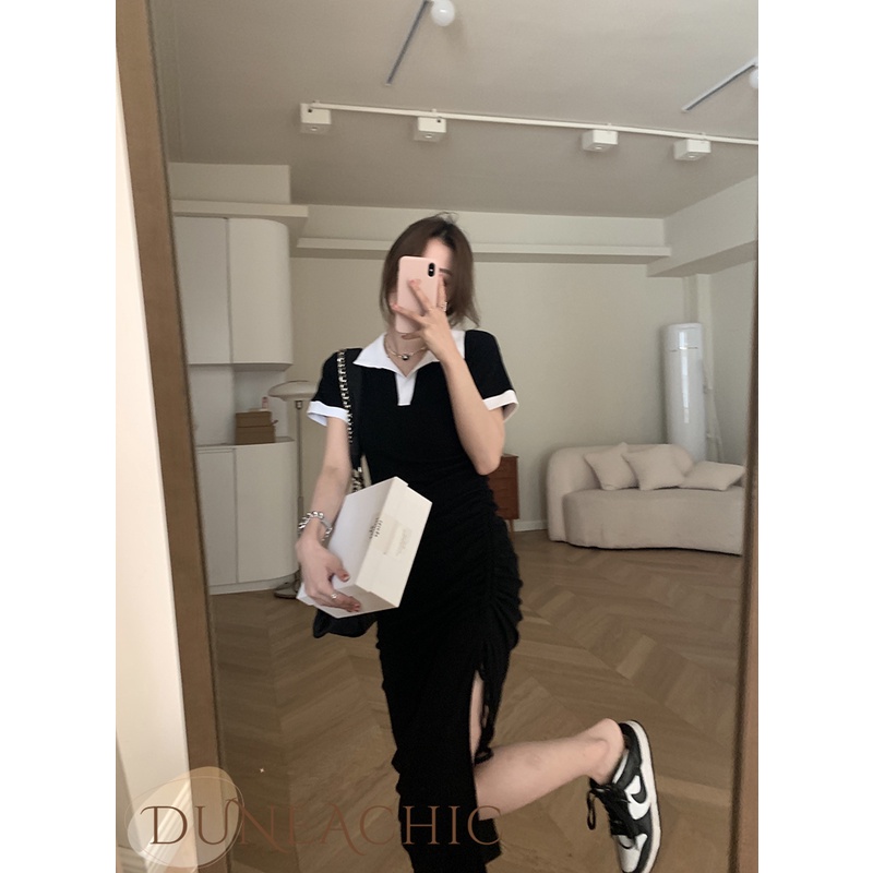 DUNEA Đầm Cổ Polo Rút Dây Xếp Ly Xẻ Tà Màu Tương Phản Quyến Rũ Cho Nữ