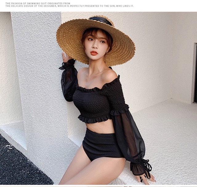[BKN651] &lt;HÀN&gt; SET BIKINI TAY BỒNG ĐEN KIỂU HÀN (CẠP CAO)