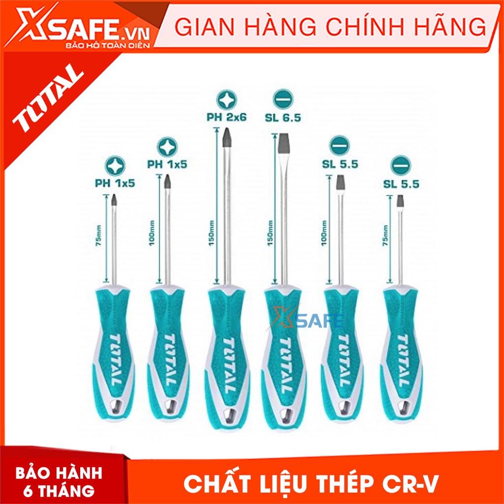 Bộ 6 tua vít TOTAL THT250606 tay cầm nhỏ dọn, đuôi tròn Bộ tuốc nơ vít thép chất liệu CR-V chịu nhiệt, chống ăn mòn