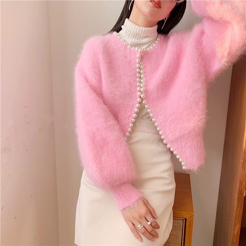 SẴN - KHOÁC LEN LÔNG CAO CẤP | Áo Khoác Cardigan Len Lông Cổ Tròn Đính Ngọc Tay Bồng  Dáng Ngắn Tiểu Thư Sang Chảnh