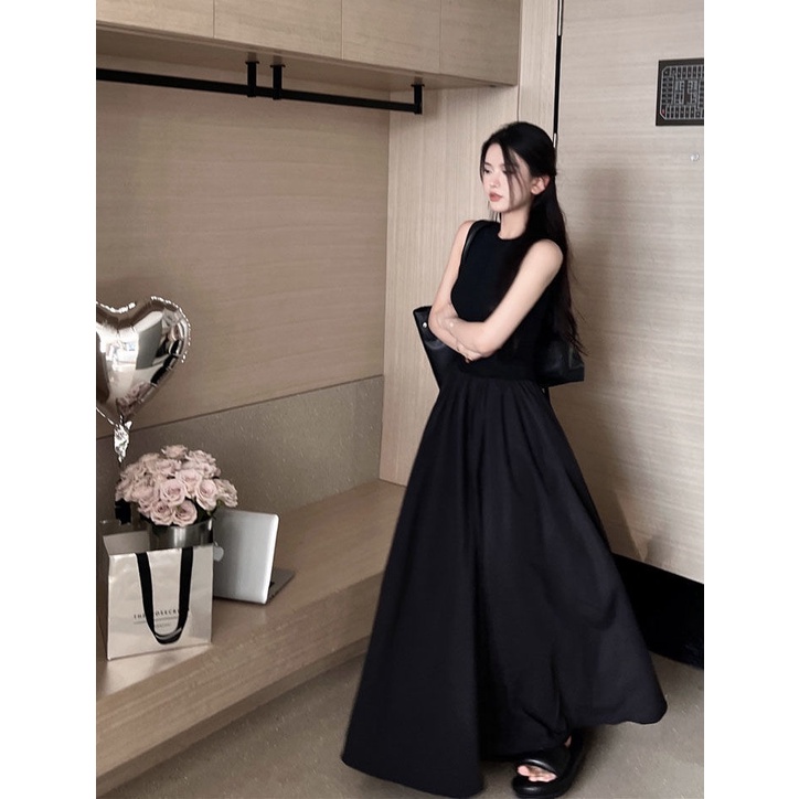 Đầm Midi Không Tay Màu Đen Thiết Kế Đơn Giản Thời Trang Mùa Hè Theo Phong Cách Pháp