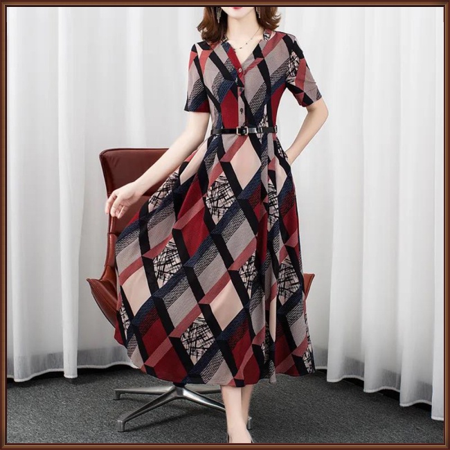 Đầm Dài Cổ Chữ V Tay Ngắn Họa Tiết Kẻ Ô Kèm Thắt Lưng Phong Cách Cổ Điển Dành Cho Nữ