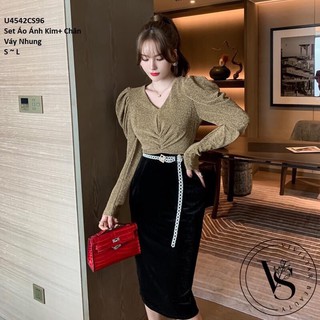 Váy nhũ pha chân nhung tay dài bồng vai