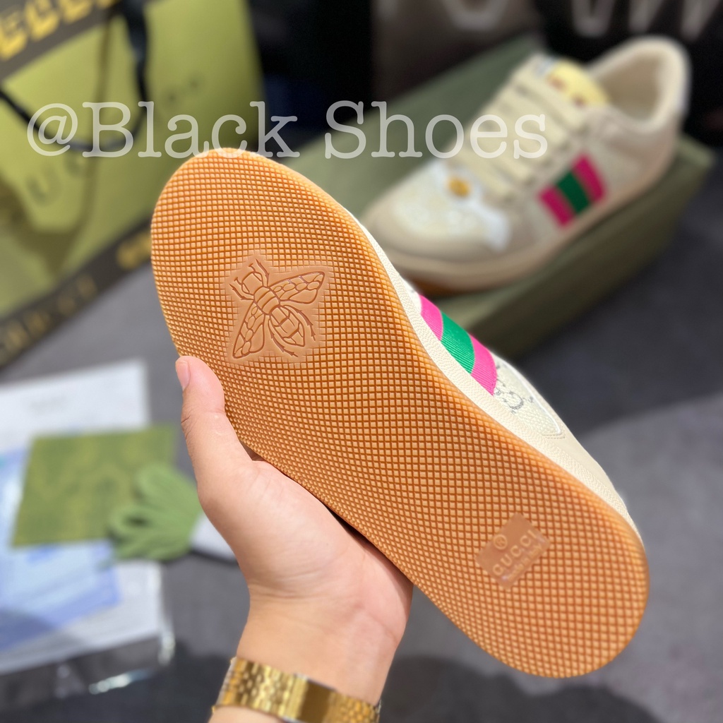 Giày Thể Thao Gucci Screener Leather Sneakers Phối Màu Hồng Xanh Lá GG Beige Pink Green Cao Cấp White Lamé'2C830-9150
