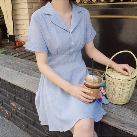 Đầm sơ mi sọc xanh linen