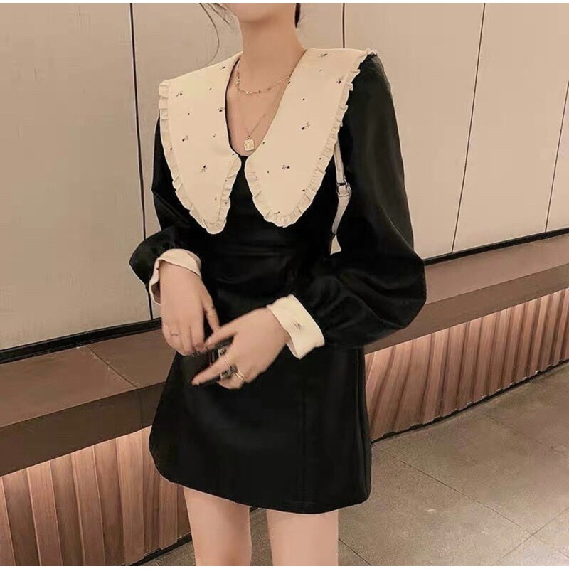 Đầm nhung cổ sen bèo thêu hoa nhí hai màu hồng đen