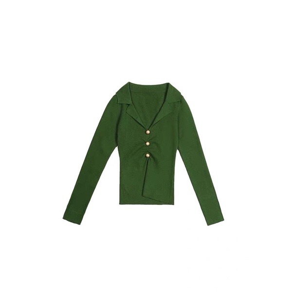 Áo len dệt kim tay dài phốt nút Vintage cổ V