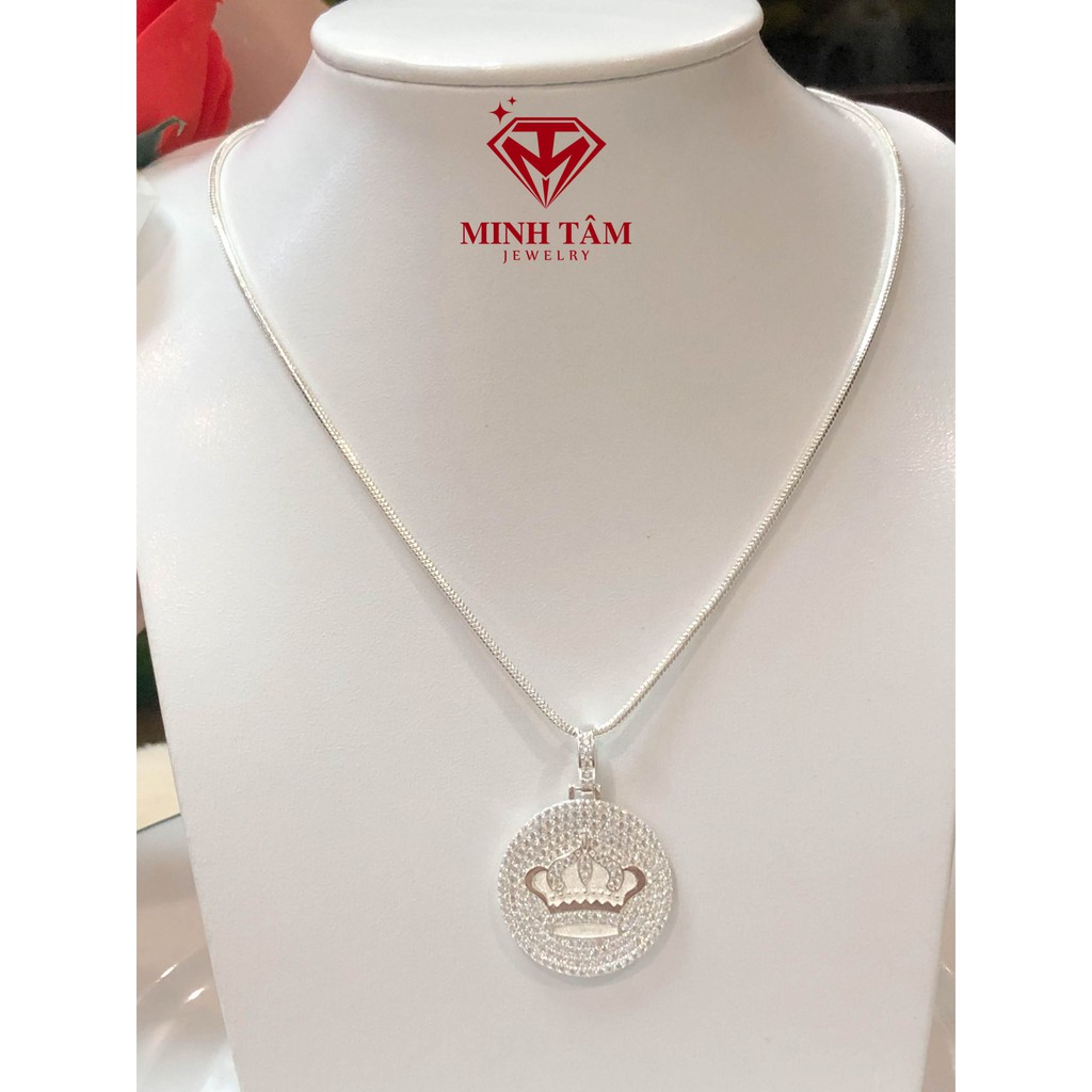 Mặt dây chuyền bạc nam mặt tròn vương miện nạm đá, Bộ dây chuyền bạc nam mặt hình vương miện bạc ta-Minh Tâm Jewelry