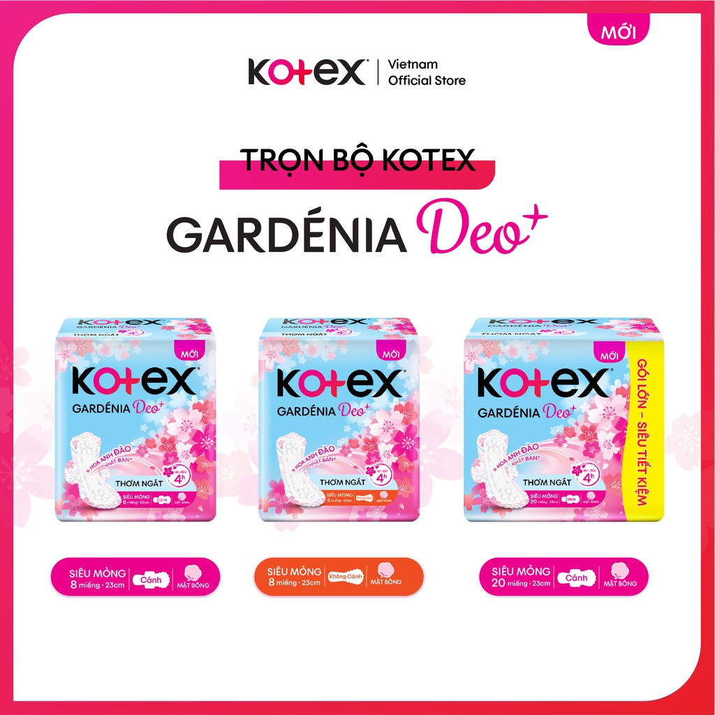 Băng Vệ Sinh Kotex Gardenia Deo + hương hoa anh đào, mặt bông, siêu mỏng không cánh, gói 8+2 miếng