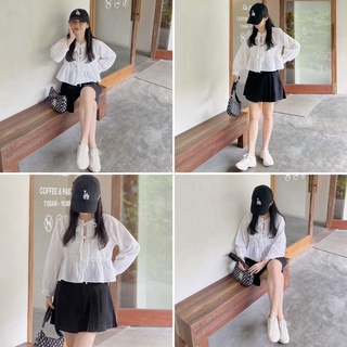 Sét áo babydoll thắt nơ buộc ngực mix chân váy xếp li
