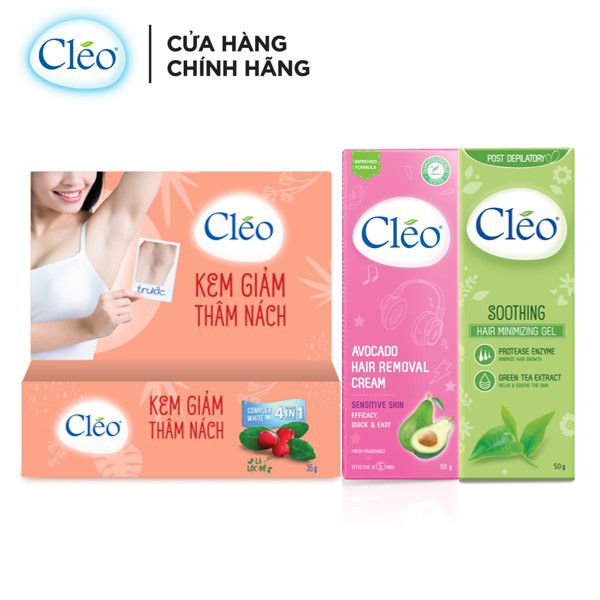 Combo Kem Giảm Thâm Nách Cléo 35g, Kem Tẩy lông Cléo cho Da Nhạy Cảm 50g và Gel dịu da chậm mọc lông Cléo 50g