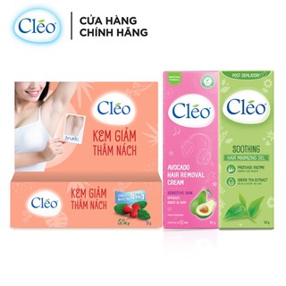 Combo Kem Giảm Thâm nách Cleo 35g, Kem Tẩy lông Cleo cho Da Nhạy Cảm 50g và Gel dịu da chậm mọc lông Cleo 50g