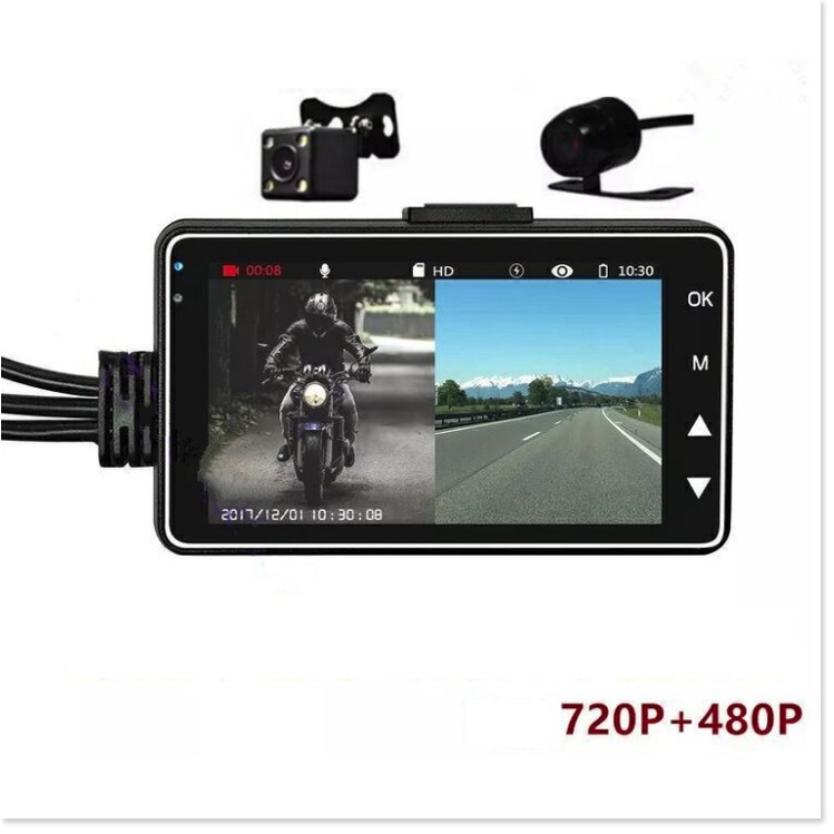 Camera hành trình xe máy màn hình 3 inch, camera trước và sau