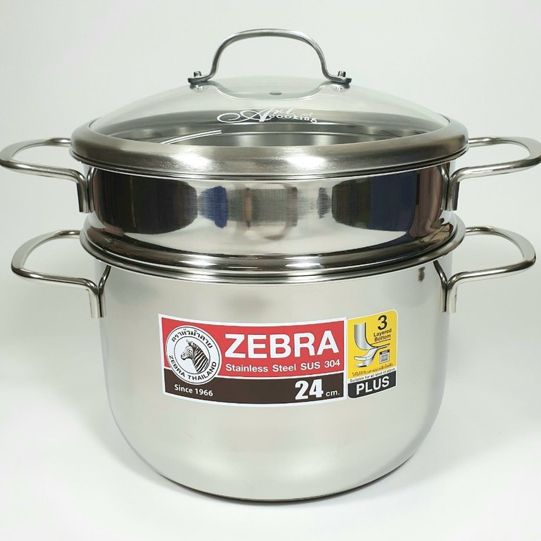 Bộ nồi xửng hấp cao cấp Zebra Thái Lan nắp kính ( 24cm / 28cm ) , Inox 304, tương thích mọi bếp, bếp từ, gas, hồng ngoại