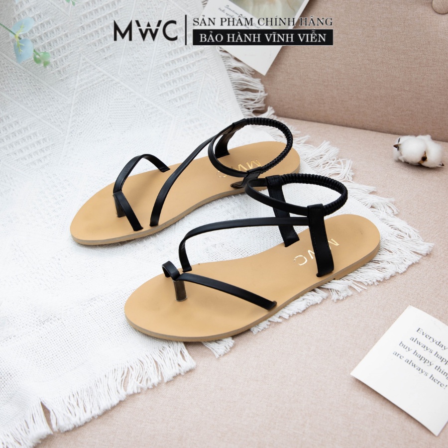 Giày Sandal MWC Đế Bệt Xỏ Ngón Chất Da Màu Đen Kem Cá Tính NASD-2895