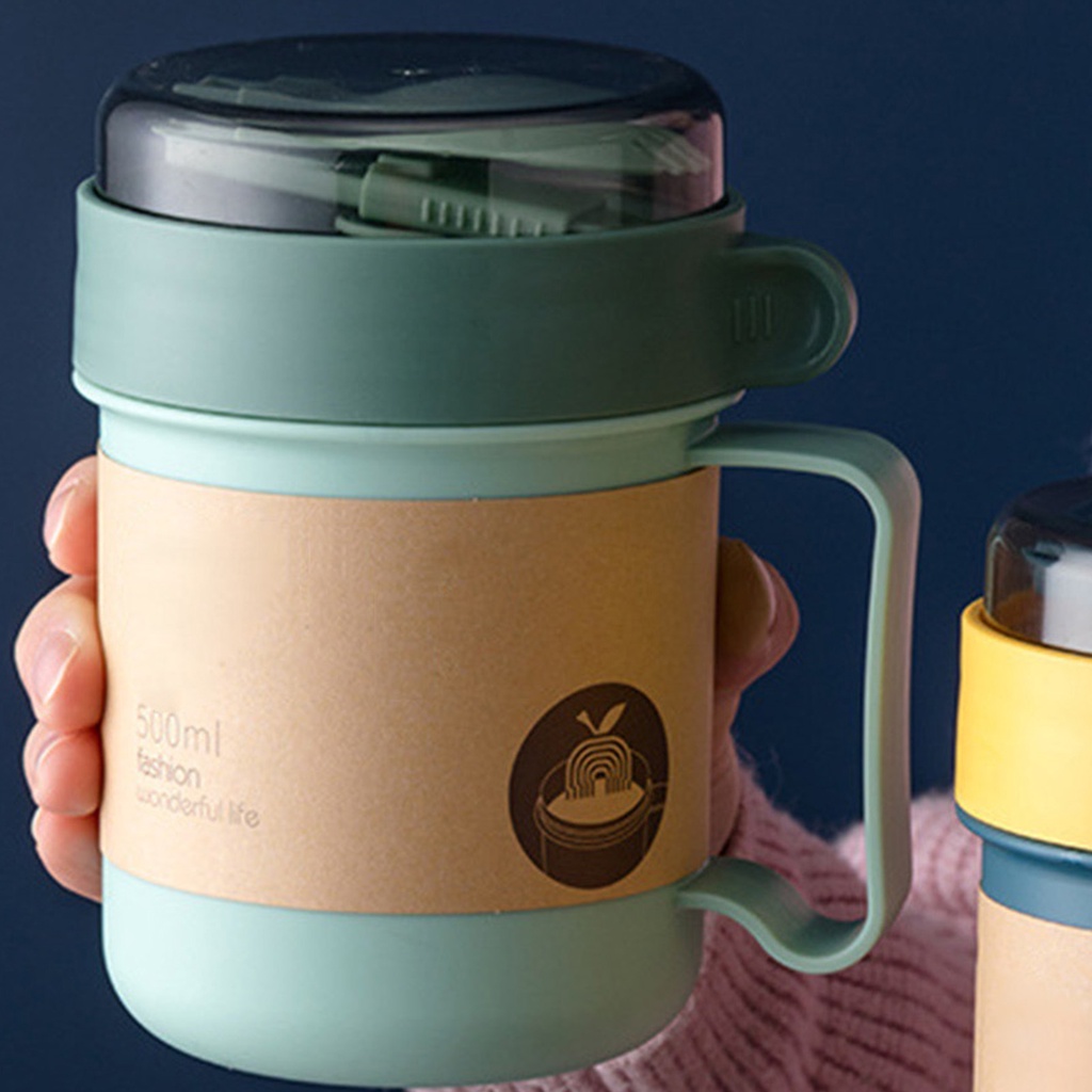 Cốc đựng canh súp chịu được nhiệt độ cao bằng nhựa có nắp đậy và muỗng 500ml