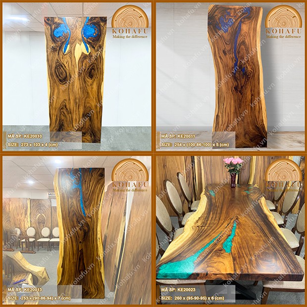 [Tặng chân sắt hộp] Mặt bàn dài gỗ me tây nguyên tấm  + epoxy resin, phù hợp làm bàn cà phê, bàn họp, bàn ăn gia đình