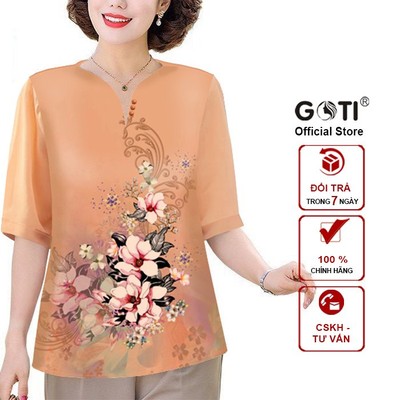 GOTI - Áo Trung Niên Nữ Cao Cấp Size Lớn Tới 80kg Kiểu Cổ Sơ Mi Tay In Hoa Cho Mẹ U50, U60 3A33 3A34 3A26 3A27