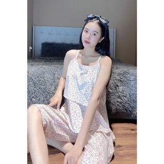Set bộ lụa 100d hoa nhí 2 dây đính nơ dễ thương mặc nhà slv_010