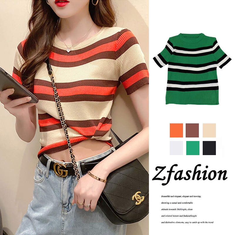 Áo Thun Dệt Kim Ngắn Tay Cổ Vuông Kẻ Sọc Thời Trang Trẻ Trung Áo Dệt Kim Ngắn Tay Cổ Tròn Họa Tiết Kẻ Sọc Nhiều Màu Thời Trang Mùa Hè Cho Nữ