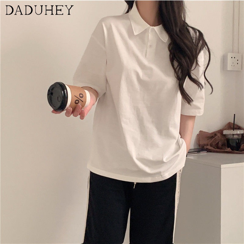 Daduhey Áo thun cổ polo tay lỡ vải cotton dễ phối đồ thời trang hè 2022 (4 màu tùy chọn) cho nữ